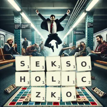 Kreatywna ilustracja do gry w Scrabble ze słowem SEKSOHOLICZKO ułożonym z płytek na planszy.