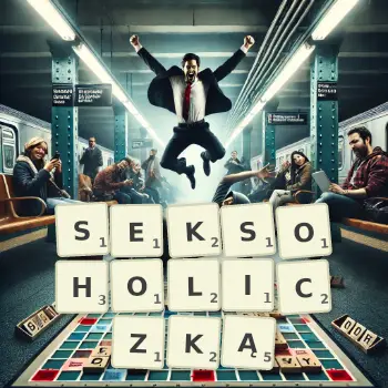 Kreatywna ilustracja do gry w Scrabble ze słowem SEKSOHOLICZKĄ ułożonym z płytek na planszy.