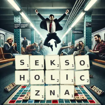Kreatywna ilustracja do gry w Scrabble ze słowem SEKSOHOLICZNA ułożonym z płytek na planszy.
