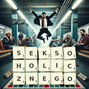 Kreatywna ilustracja do gry w Scrabble ze słowem SEKSOHOLICZNEGO ułożonym z płytek na planszy.