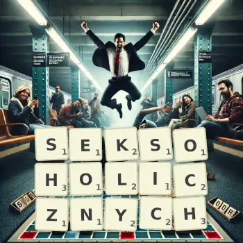 Kreatywna ilustracja do gry w Scrabble ze słowem SEKSOHOLICZNYCH ułożonym z płytek na planszy.