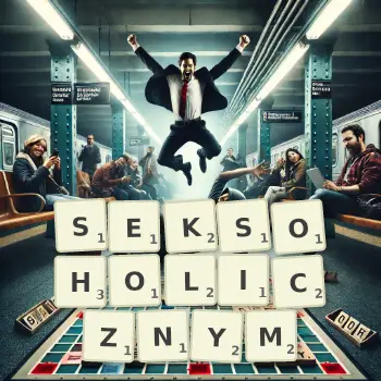 Kreatywna ilustracja do gry w Scrabble ze słowem SEKSOHOLICZNYM ułożonym z płytek na planszy.