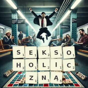 Kreatywna ilustracja do gry w Scrabble ze słowem SEKSOHOLICZNĄ ułożonym z płytek na planszy.
