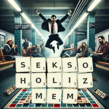 Kreatywna ilustracja do gry w Scrabble ze słowem SEKSOHOLIZMEM ułożonym z płytek na planszy.