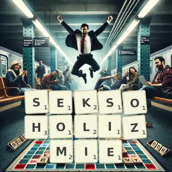 Kreatywna ilustracja do gry w Scrabble ze słowem SEKSOHOLIZMIE ułożonym z płytek na planszy.