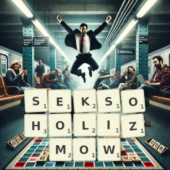 Kreatywna ilustracja do gry w Scrabble ze słowem SEKSOHOLIZMOW ułożonym z płytek na planszy.