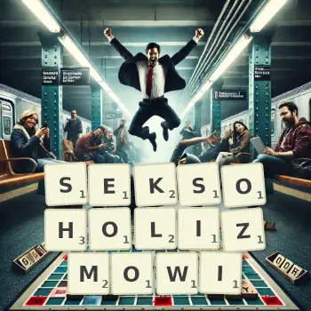 Kreatywna ilustracja do gry w Scrabble ze słowem SEKSOHOLIZMOWI ułożonym z płytek na planszy.