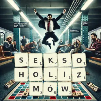 Kreatywna ilustracja do gry w Scrabble ze słowem SEKSOHOLIZMÓW ułożonym z płytek na planszy.