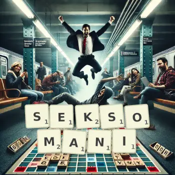 Kreatywna ilustracja do gry w Scrabble ze słowem SEKSOMANI ułożonym z płytek na planszy.
