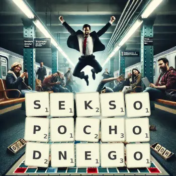 Kreatywna ilustracja do gry w Scrabble ze słowem SEKSOPOCHODNEGO ułożonym z płytek na planszy.