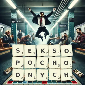 Kreatywna ilustracja do gry w Scrabble ze słowem SEKSOPOCHODNYCH ułożonym z płytek na planszy.