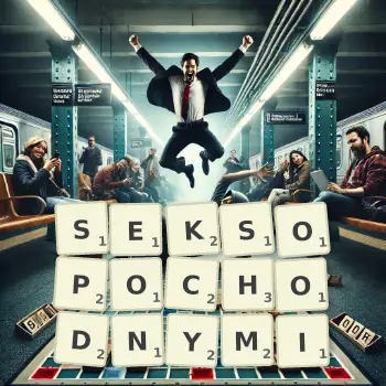 Kreatywna ilustracja do gry w Scrabble ze słowem SEKSOPOCHODNYMI ułożonym z płytek na planszy.