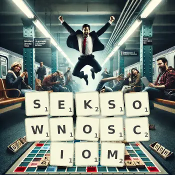 Kreatywna ilustracja do gry w Scrabble ze słowem SEKSOWNOSCIOM ułożonym z płytek na planszy.