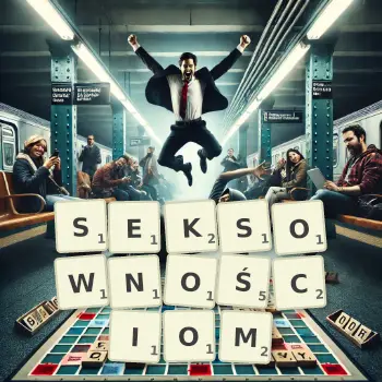 Kreatywna ilustracja do gry w Scrabble ze słowem SEKSOWNOŚCIOM ułożonym z płytek na planszy.