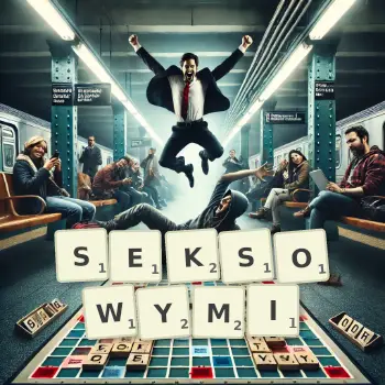 Kreatywna ilustracja do gry w Scrabble ze słowem SEKSOWYMI ułożonym z płytek na planszy.