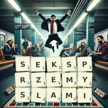 Kreatywna ilustracja do gry w Scrabble ze słowem SEKSPRZEMYSLAMI ułożonym z płytek na planszy.