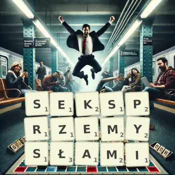 Kreatywna ilustracja do gry w Scrabble ze słowem SEKSPRZEMYSŁAMI ułożonym z płytek na planszy.