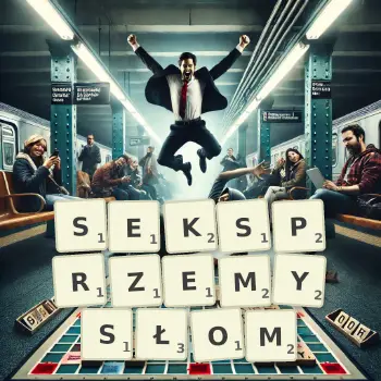 Kreatywna ilustracja do gry w Scrabble ze słowem SEKSPRZEMYSŁOM ułożonym z płytek na planszy.