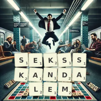 Kreatywna ilustracja do gry w Scrabble ze słowem SEKSSKANDALEM ułożonym z płytek na planszy.