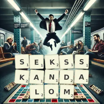 Kreatywna ilustracja do gry w Scrabble ze słowem SEKSSKANDALOM ułożonym z płytek na planszy.