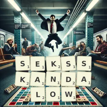 Kreatywna ilustracja do gry w Scrabble ze słowem SEKSSKANDALOW ułożonym z płytek na planszy.