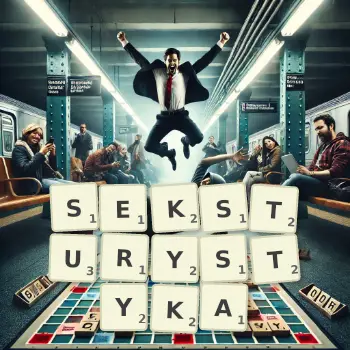 Kreatywna ilustracja do gry w Scrabble ze słowem SEKSTURYSTYKA ułożonym z płytek na planszy.