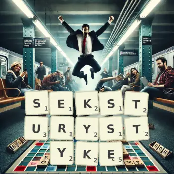 Kreatywna ilustracja do gry w Scrabble ze słowem SEKSTURYSTYKĘ ułożonym z płytek na planszy.