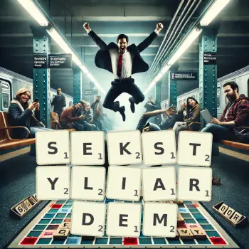 Kreatywna ilustracja do gry w Scrabble ze słowem SEKSTYLIARDEM ułożonym z płytek na planszy.