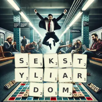 Kreatywna ilustracja do gry w Scrabble ze słowem SEKSTYLIARDOM ułożonym z płytek na planszy.