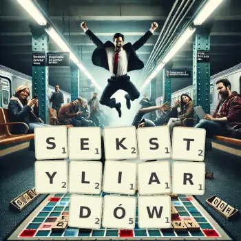 Kreatywna ilustracja do gry w Scrabble ze słowem SEKSTYLIARDÓW ułożonym z płytek na planszy.