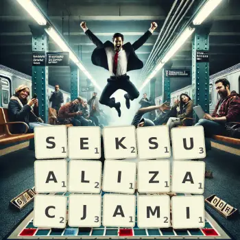 Kreatywna ilustracja do gry w Scrabble ze słowem SEKSUALIZACJAMI ułożonym z płytek na planszy.