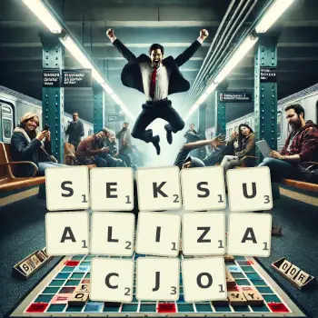 Kreatywna ilustracja do gry w Scrabble ze słowem SEKSUALIZACJO ułożonym z płytek na planszy.