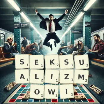 Kreatywna ilustracja do gry w Scrabble ze słowem SEKSUALIZMOWI ułożonym z płytek na planszy.