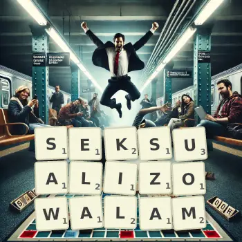 Kreatywna ilustracja do gry w Scrabble ze słowem SEKSUALIZOWALAM ułożonym z płytek na planszy.