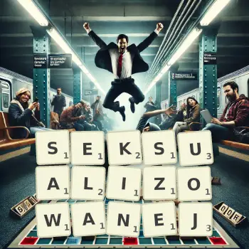 Kreatywna ilustracja do gry w Scrabble ze słowem SEKSUALIZOWANEJ ułożonym z płytek na planszy.