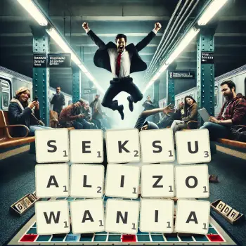 Kreatywna ilustracja do gry w Scrabble ze słowem SEKSUALIZOWANIA ułożonym z płytek na planszy.