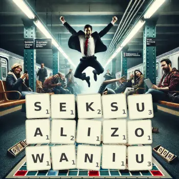 Kreatywna ilustracja do gry w Scrabble ze słowem SEKSUALIZOWANIU ułożonym z płytek na planszy.