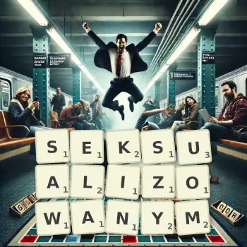 Kreatywna ilustracja do gry w Scrabble ze słowem SEKSUALIZOWANYM ułożonym z płytek na planszy.