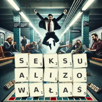 Kreatywna ilustracja do gry w Scrabble ze słowem SEKSUALIZOWAŁAŚ ułożonym z płytek na planszy.