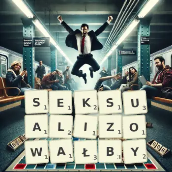 Kreatywna ilustracja do gry w Scrabble ze słowem SEKSUALIZOWAŁBY ułożonym z płytek na planszy.