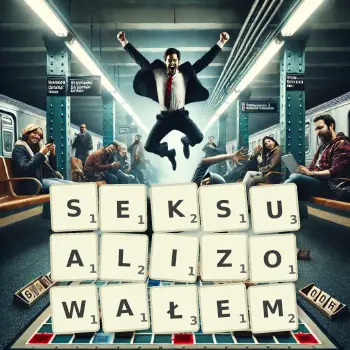 Kreatywna ilustracja do gry w Scrabble ze słowem SEKSUALIZOWAŁEM ułożonym z płytek na planszy.