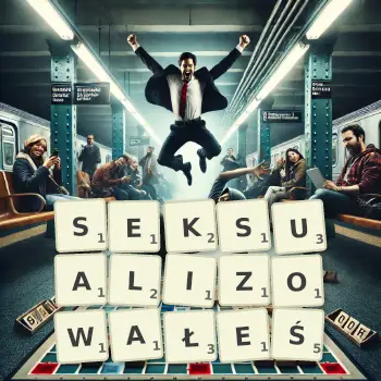 Kreatywna ilustracja do gry w Scrabble ze słowem SEKSUALIZOWAŁEŚ ułożonym z płytek na planszy.