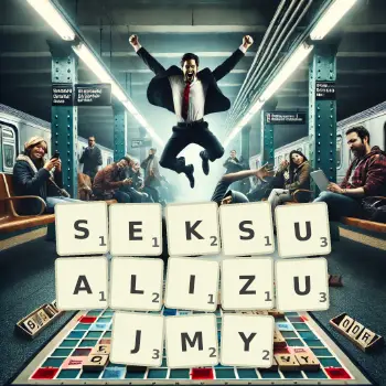 Kreatywna ilustracja do gry w Scrabble ze słowem SEKSUALIZUJMY ułożonym z płytek na planszy.