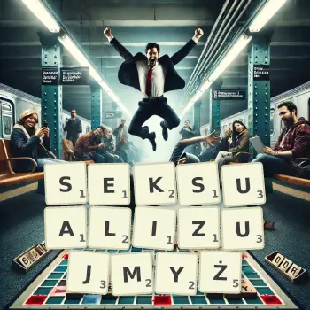 Kreatywna ilustracja do gry w Scrabble ze słowem SEKSUALIZUJMYŻ ułożonym z płytek na planszy.