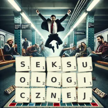 Kreatywna ilustracja do gry w Scrabble ze słowem SEKSUOLOGICZNEJ ułożonym z płytek na planszy.