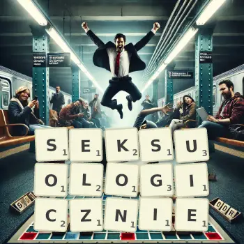 Kreatywna ilustracja do gry w Scrabble ze słowem SEKSUOLOGICZNIE ułożonym z płytek na planszy.