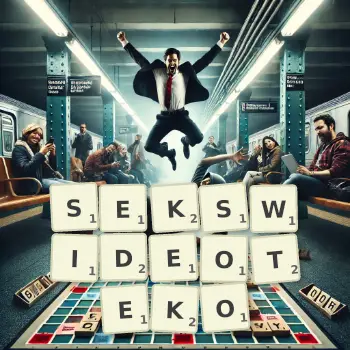 Kreatywna ilustracja do gry w Scrabble ze słowem SEKSWIDEOTEKO ułożonym z płytek na planszy.