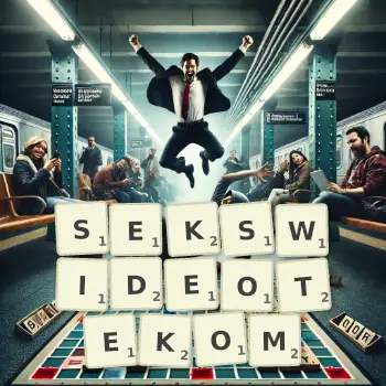 Kreatywna ilustracja do gry w Scrabble ze słowem SEKSWIDEOTEKOM ułożonym z płytek na planszy.