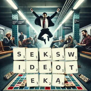 Kreatywna ilustracja do gry w Scrabble ze słowem SEKSWIDEOTEKĄ ułożonym z płytek na planszy.