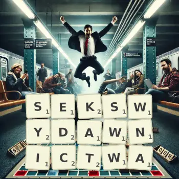 Kreatywna ilustracja do gry w Scrabble ze słowem SEKSWYDAWNICTWA ułożonym z płytek na planszy.